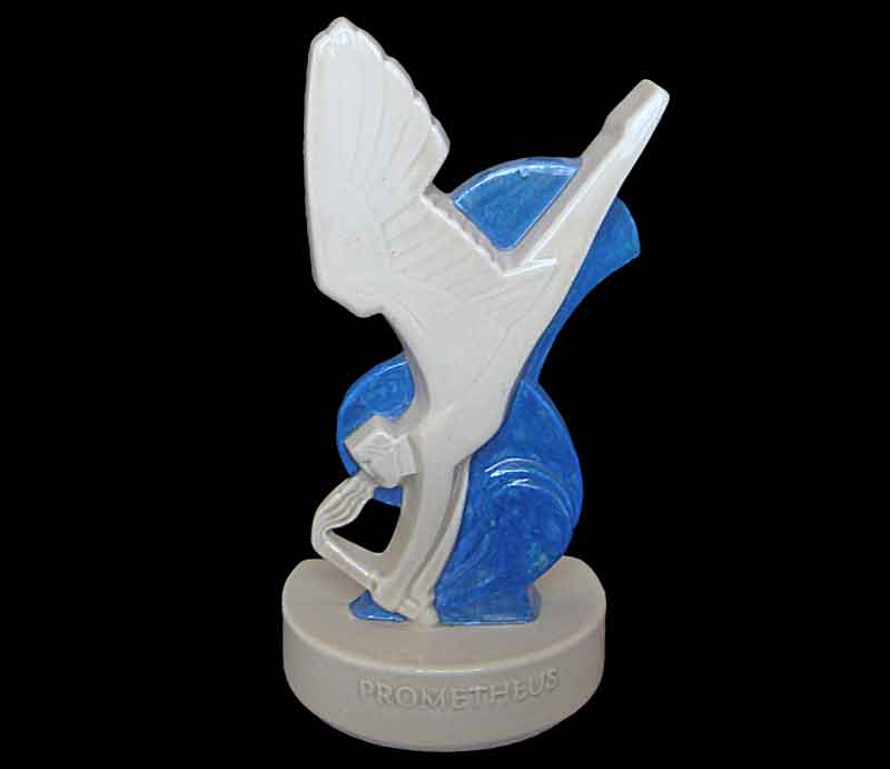Ashtead Potters Prometheus figure Stylised art deco winged design with torch and blue sky background.