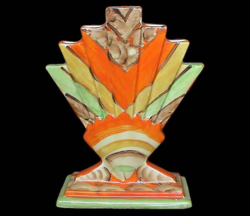 Myott Fan Vase Striped chevron design in ornage, green, brown and yellow.