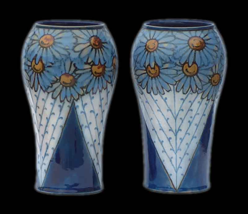 Pair of Royal Doulton vases Stylised art deco blue and yellow flowers.